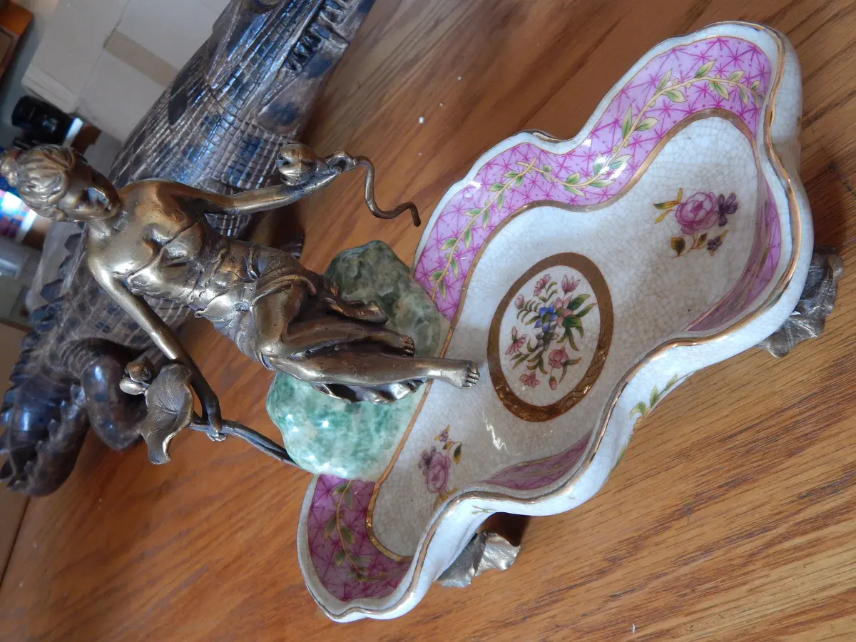 Sevres Porcelain - Pink Dish French  W/ Gilt Bronze Ormolu Lady Sitting 1