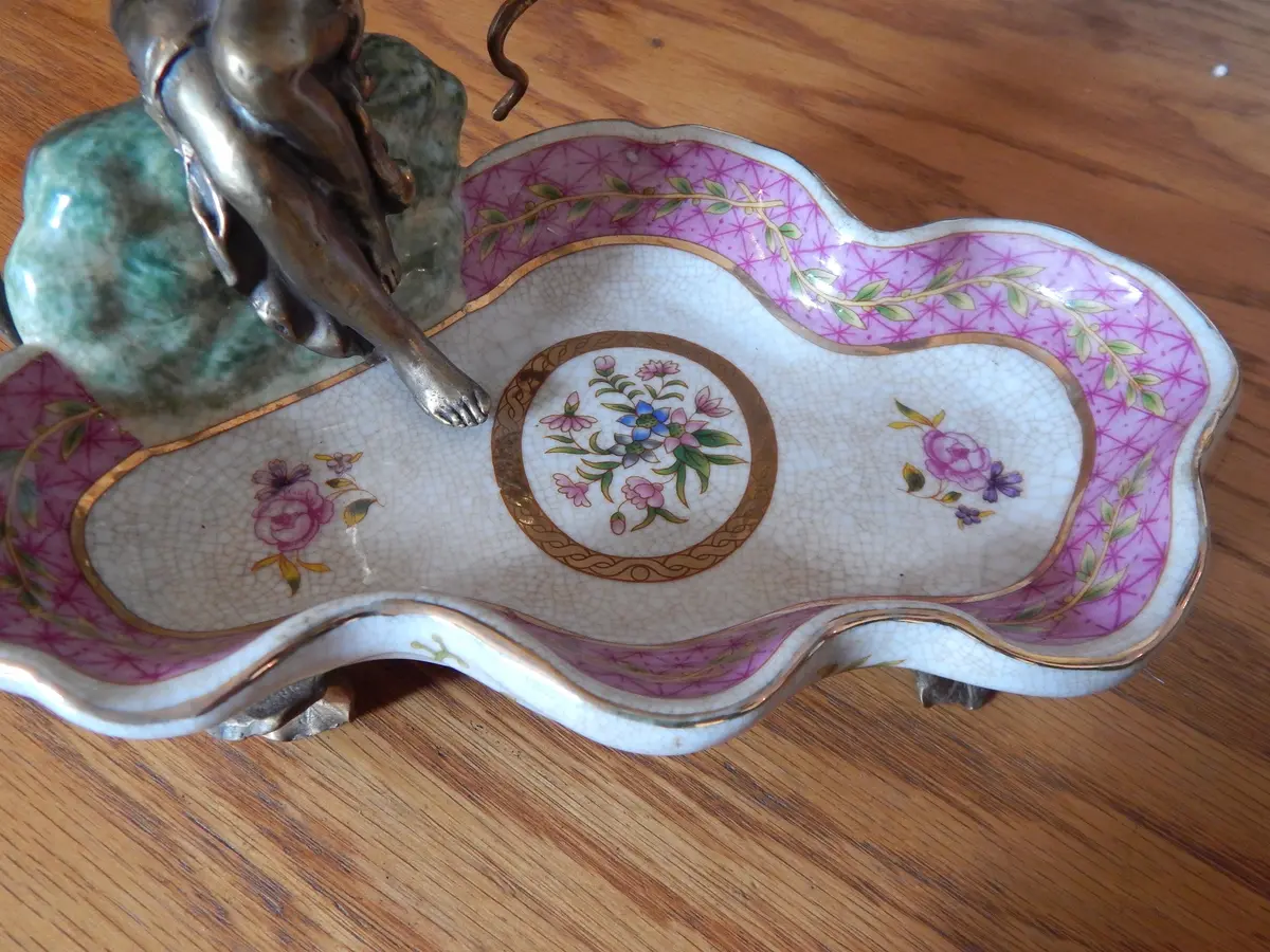 Sevres Porcelain - Pink Dish French W/ Gilt Bronze Ormolu Lady Sitting 2