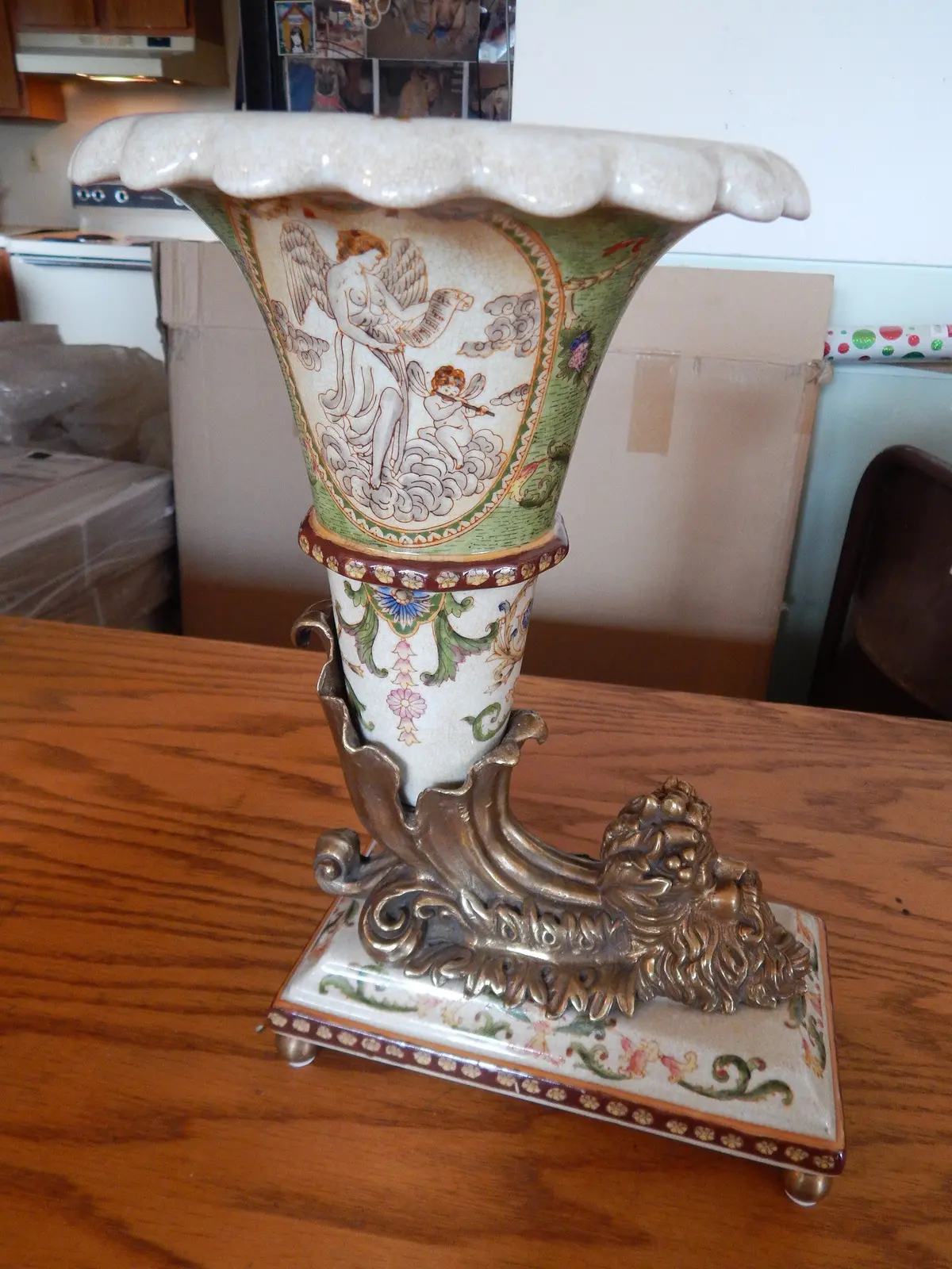 Sevres Porcelain- Green Cornucopia Vase French W/Gilt Bronze Ormolu God/Neptune 1