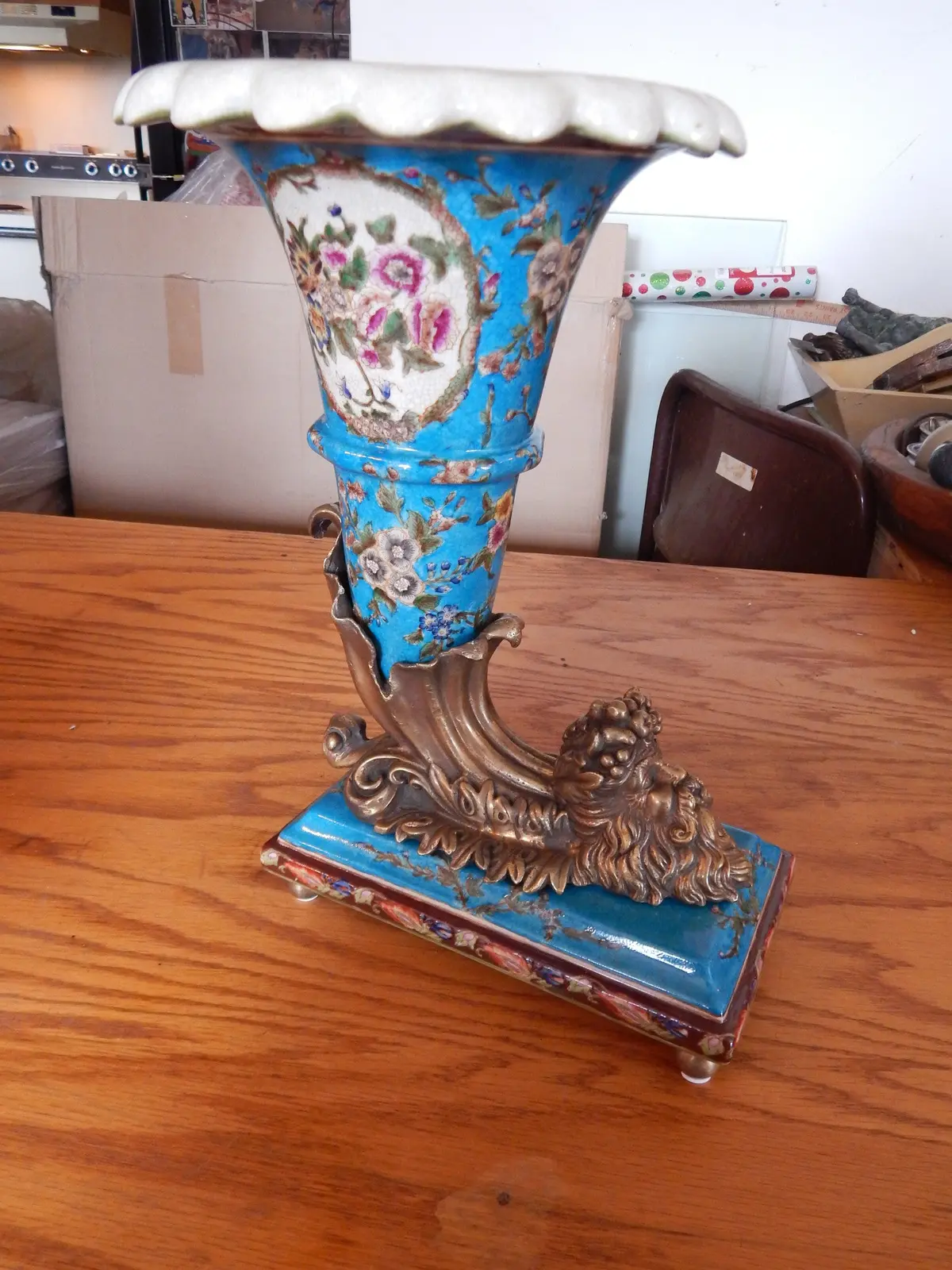 Sevres Porcelain-Blue Cornucopia Vase French W/Gilt Bronze Ormolu God/Neptune 1