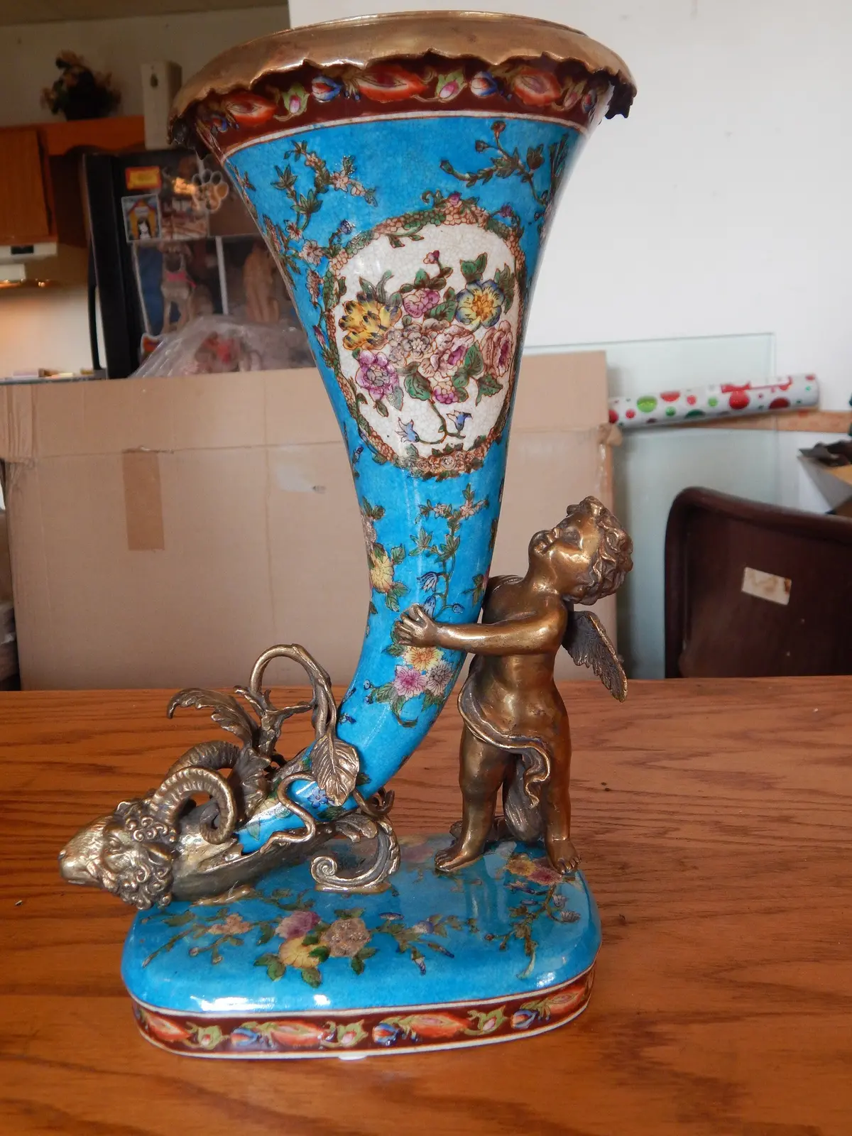 Sevres Porcelain - Blue Cornucopia Vase French W/ Gilt Bronze Ormolu Cherub 1