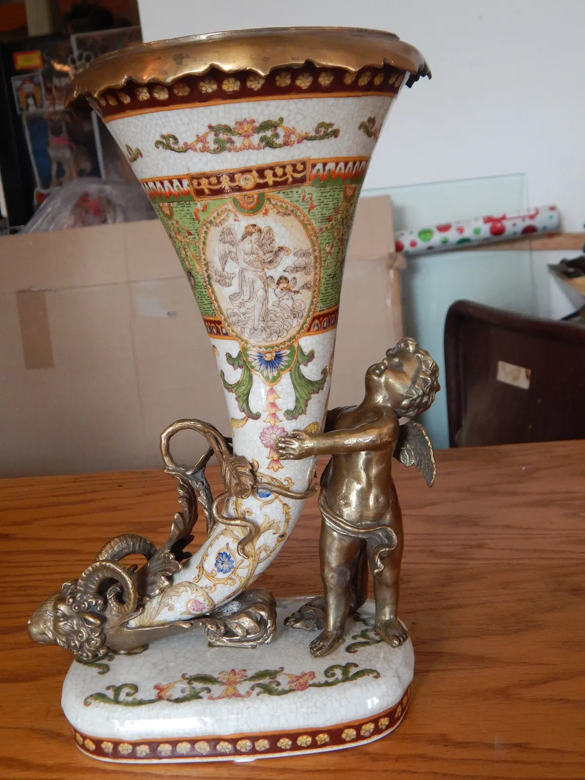 Sevres Porcelain - Green Cornucopia Vase French W/ Gilt Bronze Ormolu Cherub 1