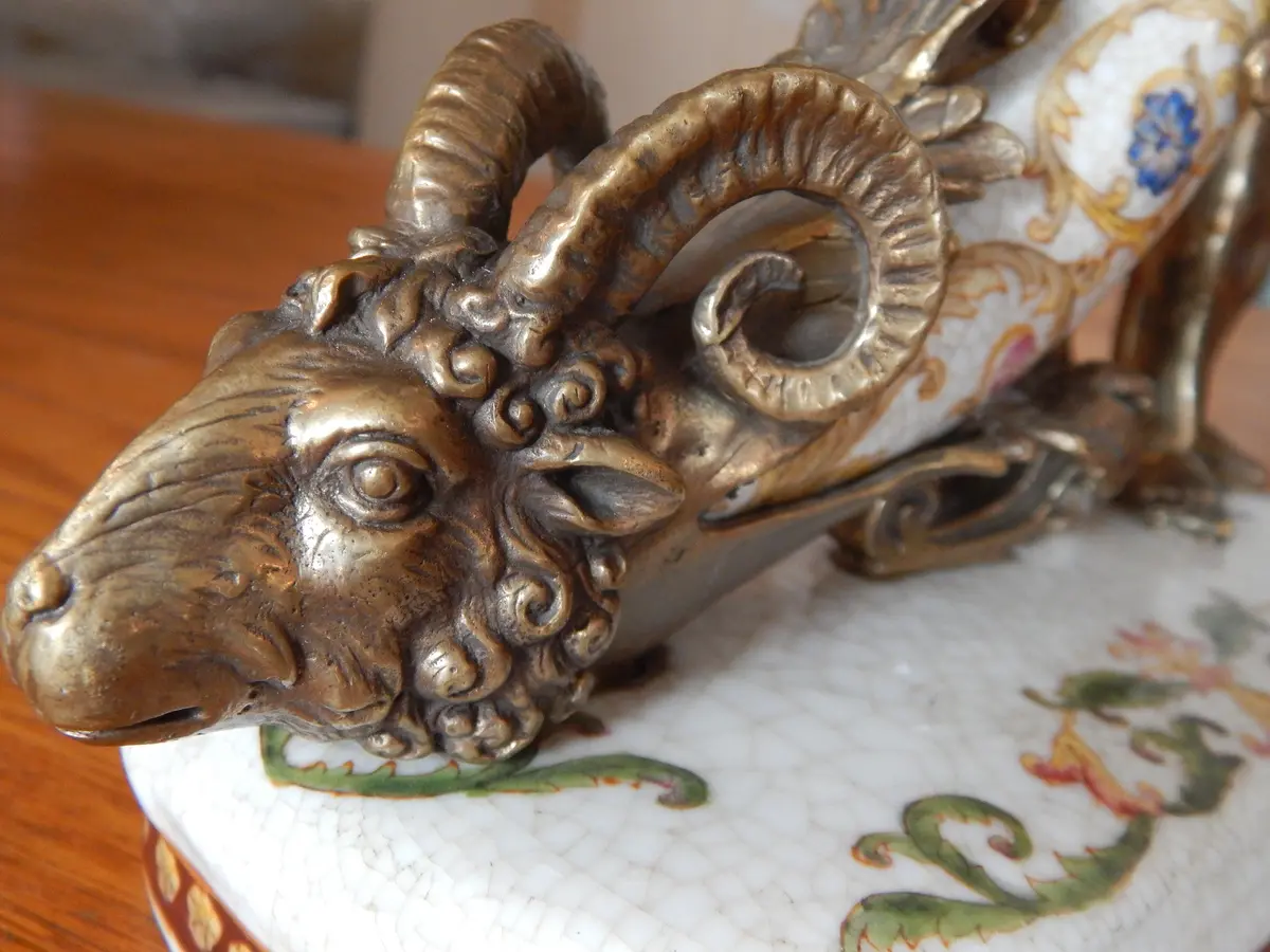 Sevres Porcelain - Green Cornucopia Vase French W/ Gilt Bronze Ormolu Cherub 2