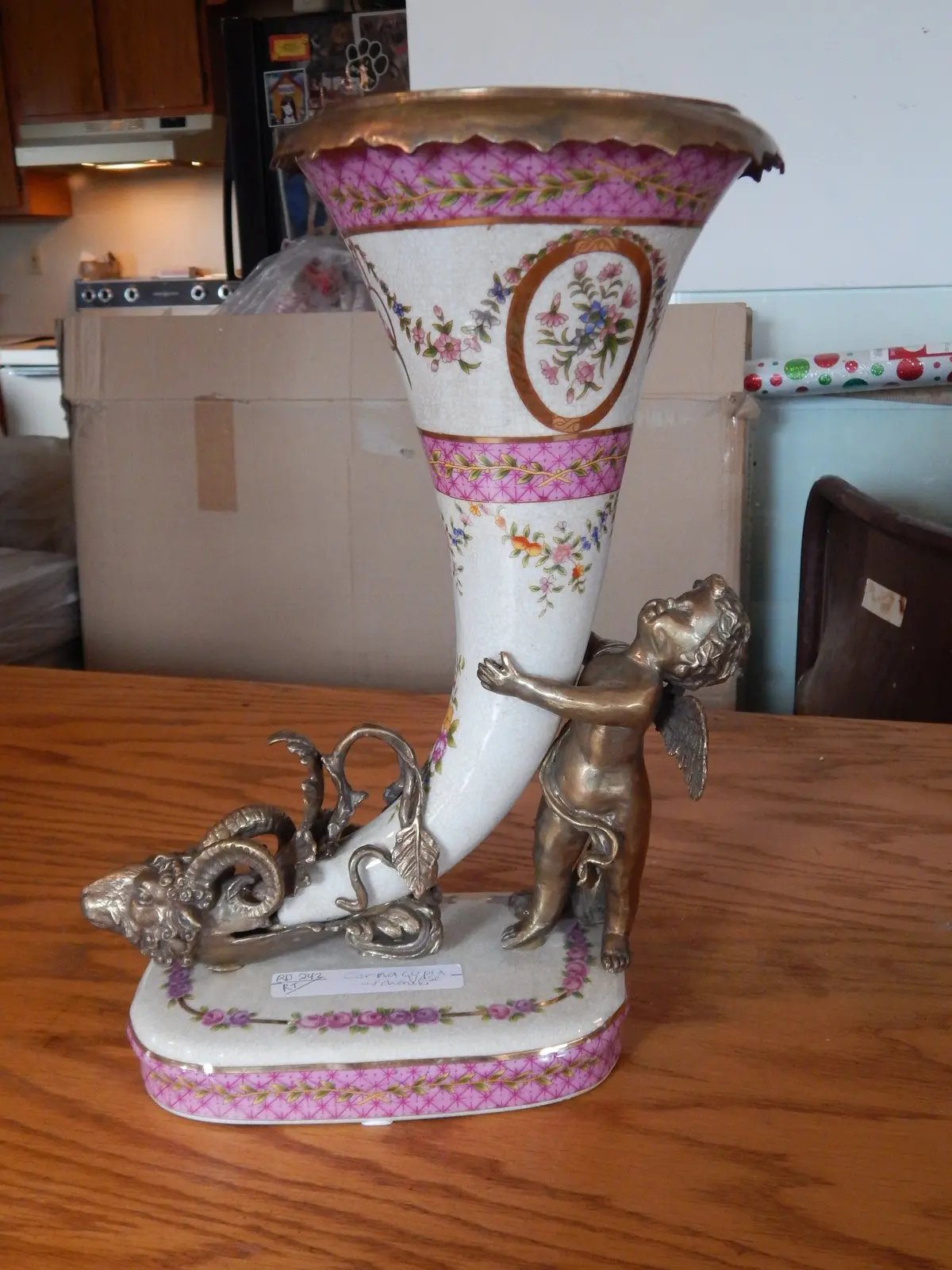 Sevres Porcelain - Pink Cornucopia Vase French W/ Gilt Bronze Ormolu Cherub 1