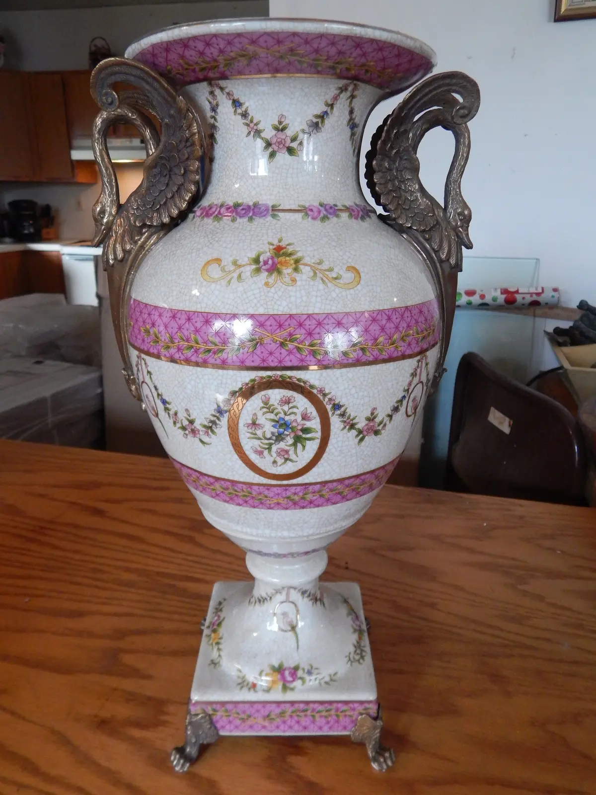 Sevres Porcelain - Pink Vase French W/ Gilt Bronze Ormolu Swan Handles 1