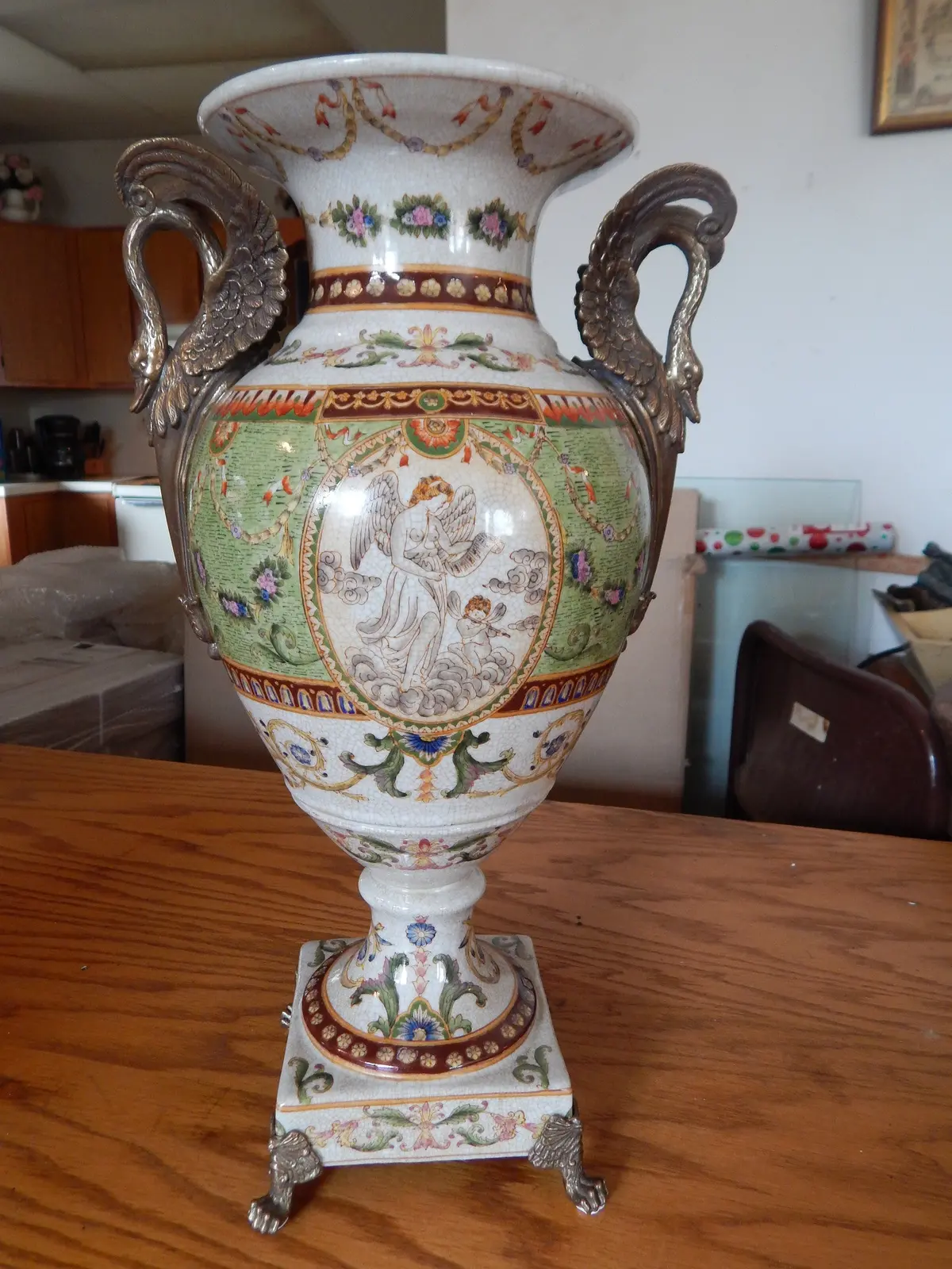 Sevres Porcelain - Green Vase French W/ Gilt Bronze Ormolu Swan Handles 1