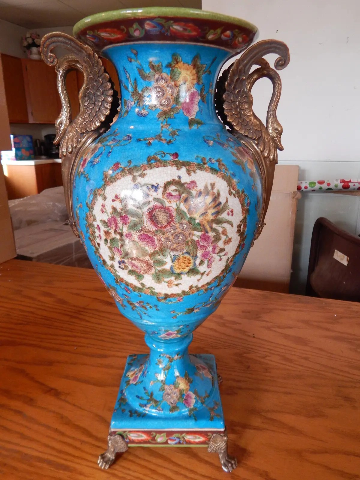Sevres Porcelain - Blue Vase French W/ Gilt Bronze Ormolu Swan Handles 1