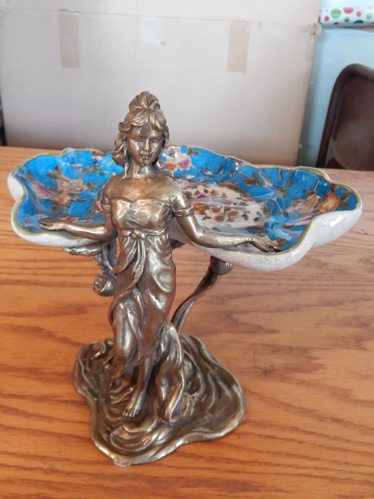 Sevres Porcelain - Blue Dish French W/ Gilt Bronze Ormolu Lady Standing 1