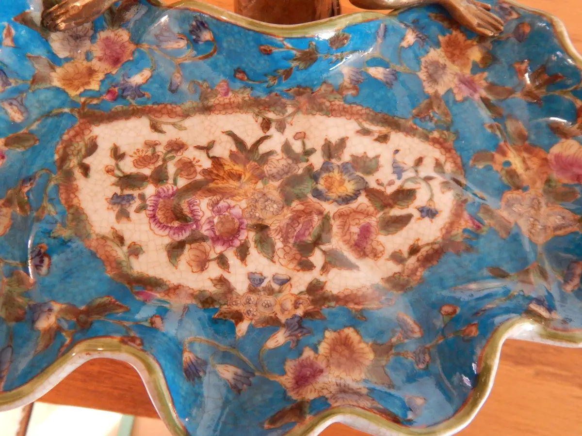 Sevres Porcelain - Blue Dish French W/ Gilt Bronze Ormolu Lady Standing 2