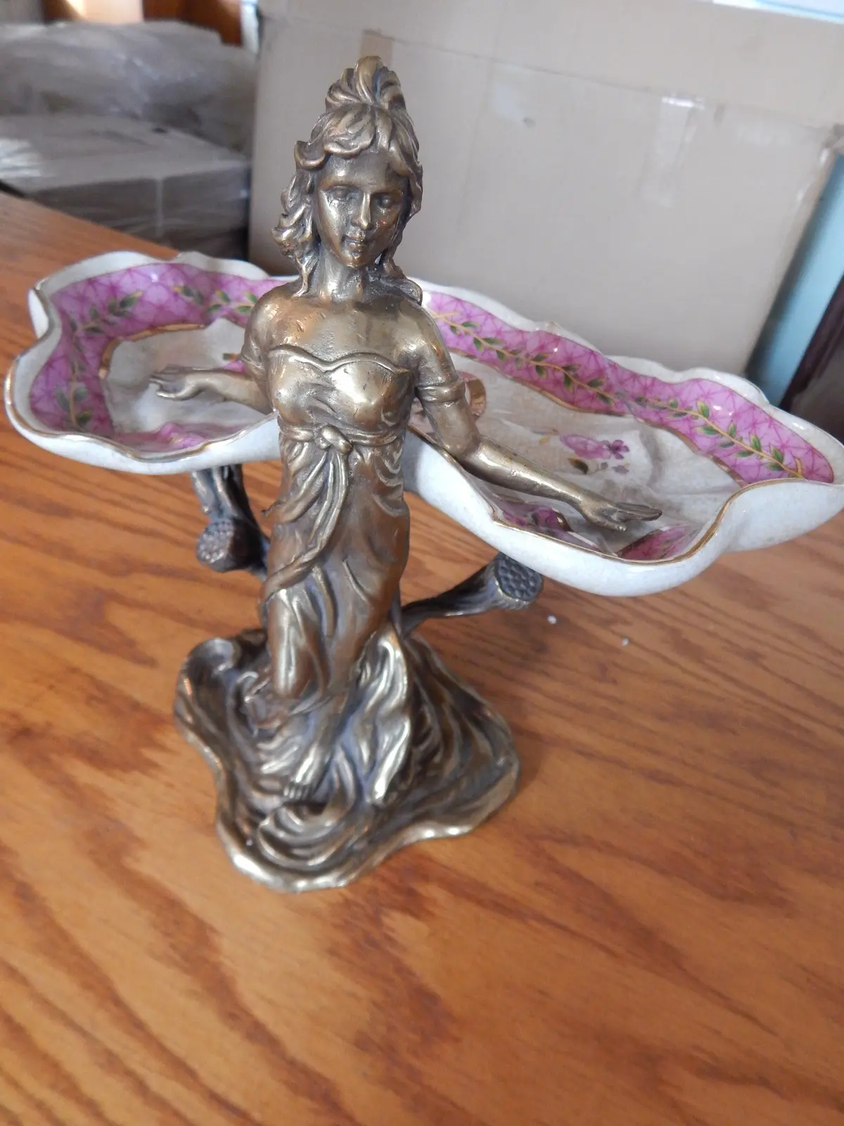 Sevres Porcelain - Pink Dish French W/ Gilt Bronze Ormolu Lady Standing 1