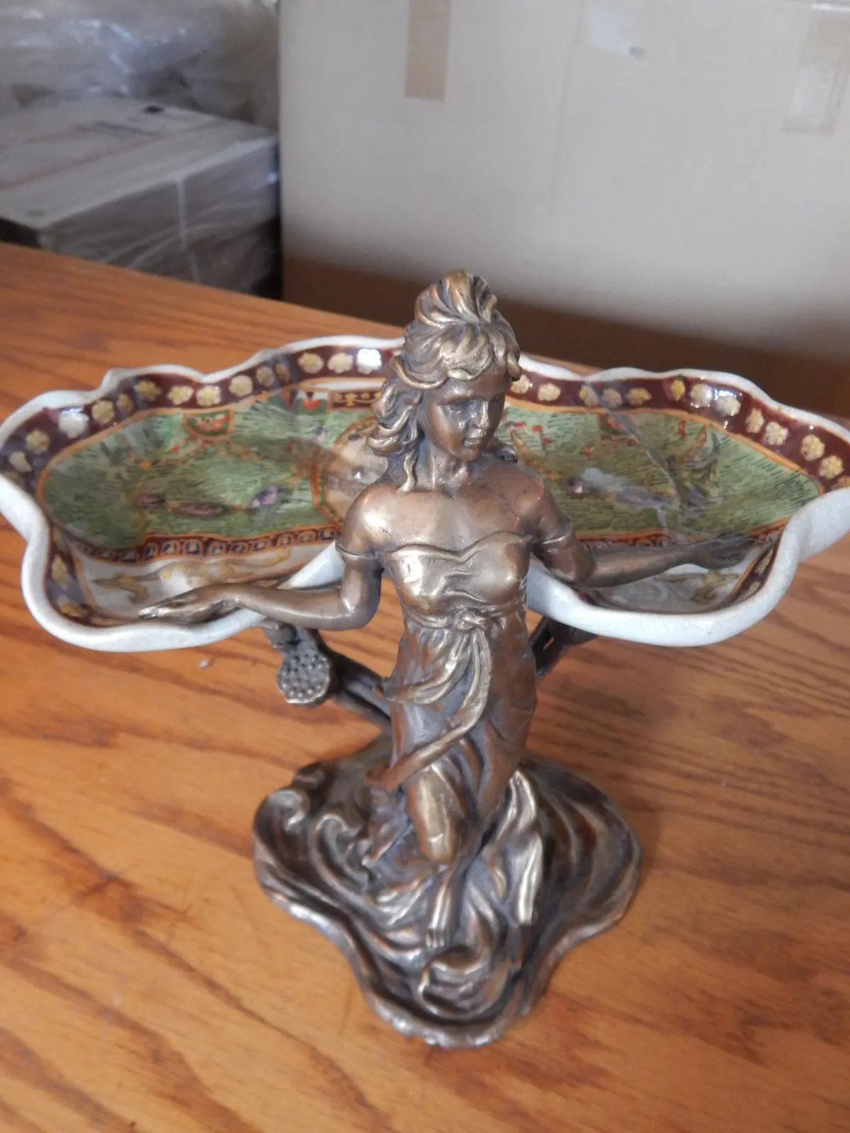 Sevres Porcelain -Green Dish French W/ Gilt Bronze Ormolu Lady Standing 1