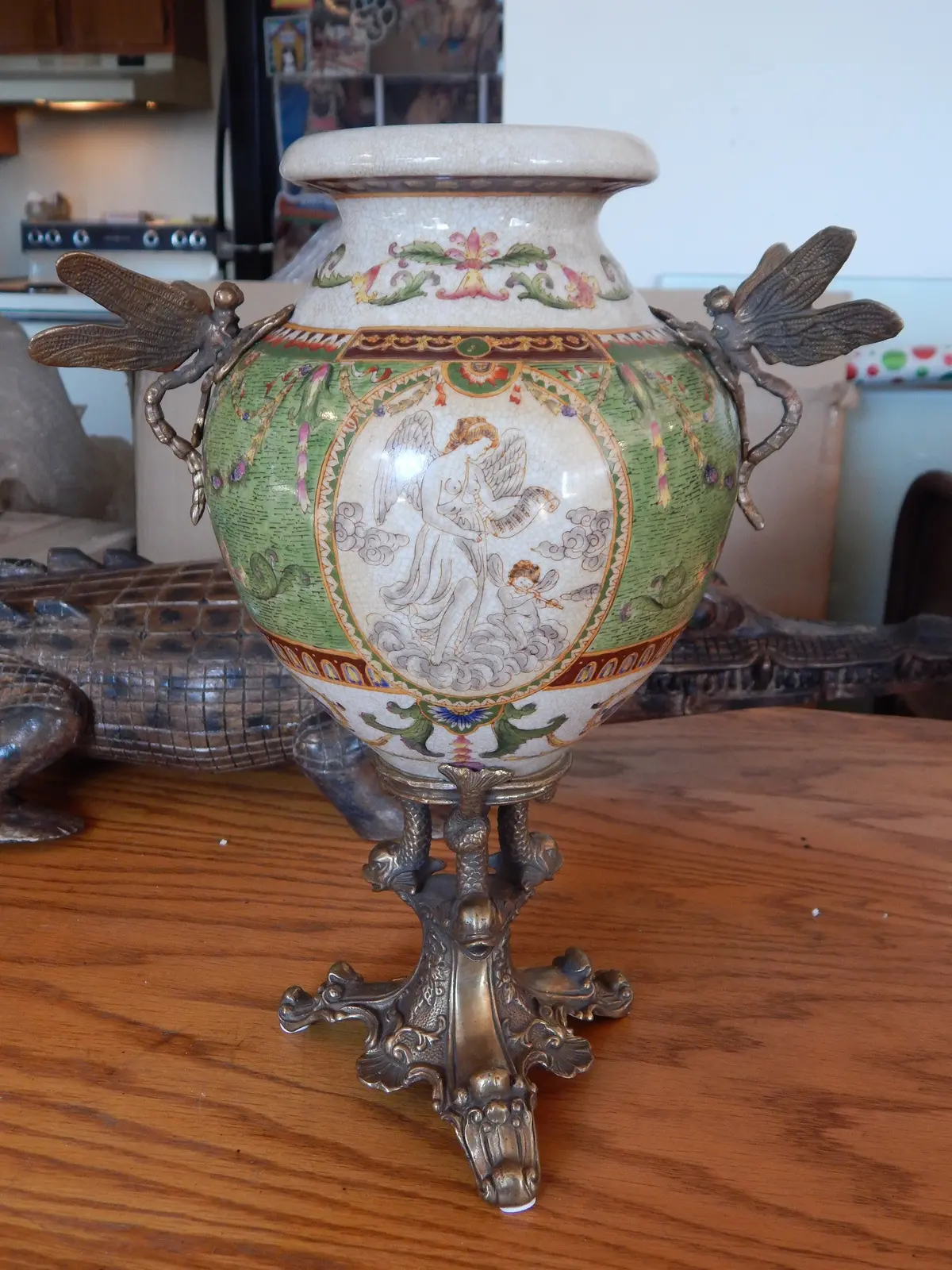 Sevres Porcelain - Green Vase French W/ Gilt Bronze Ormolu Dragonfly Handles 1