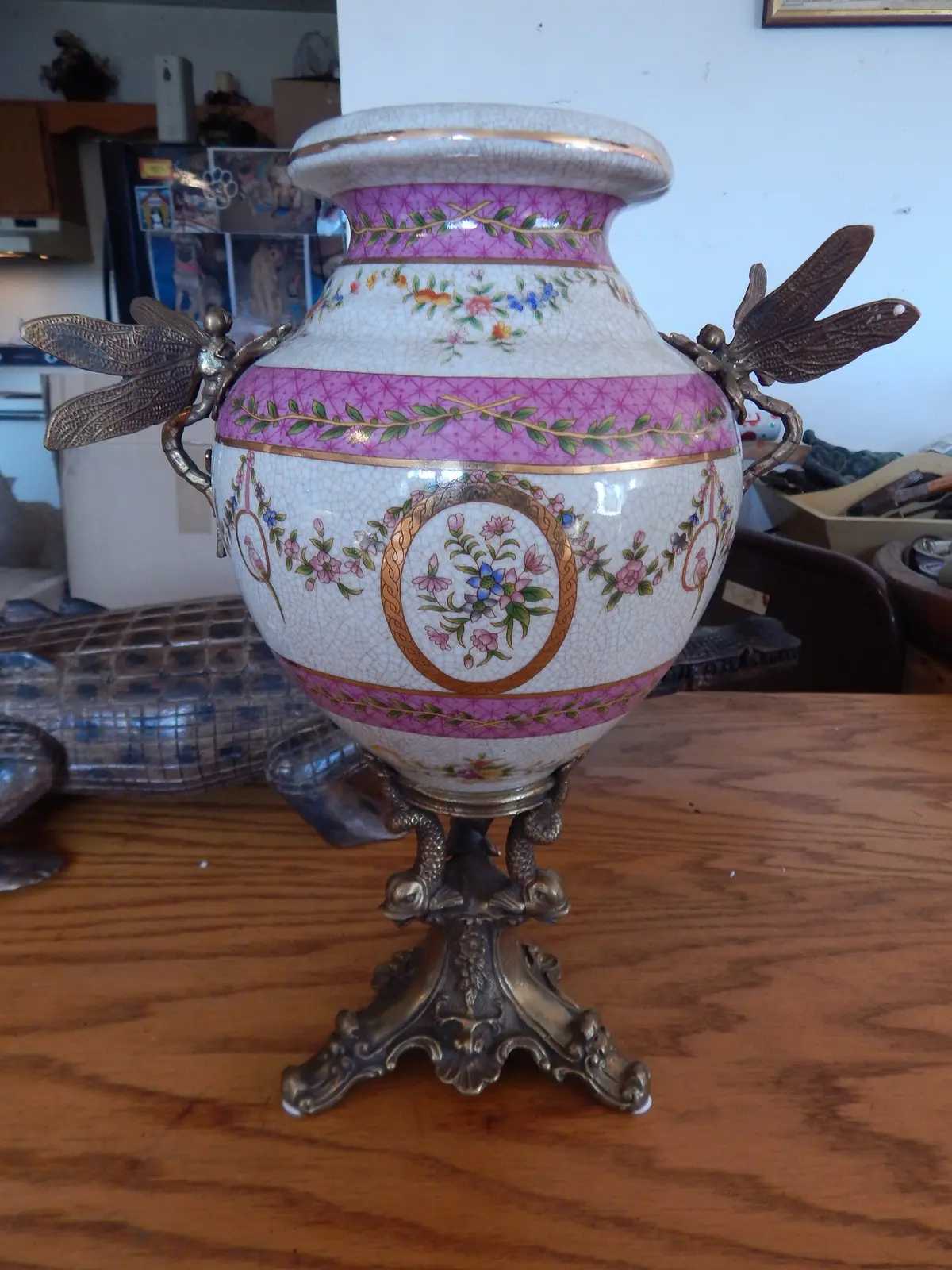 Sevres Porcelain - Pink Vase French W/ Gilt Bronze Ormolu Dragonfly Handles 1