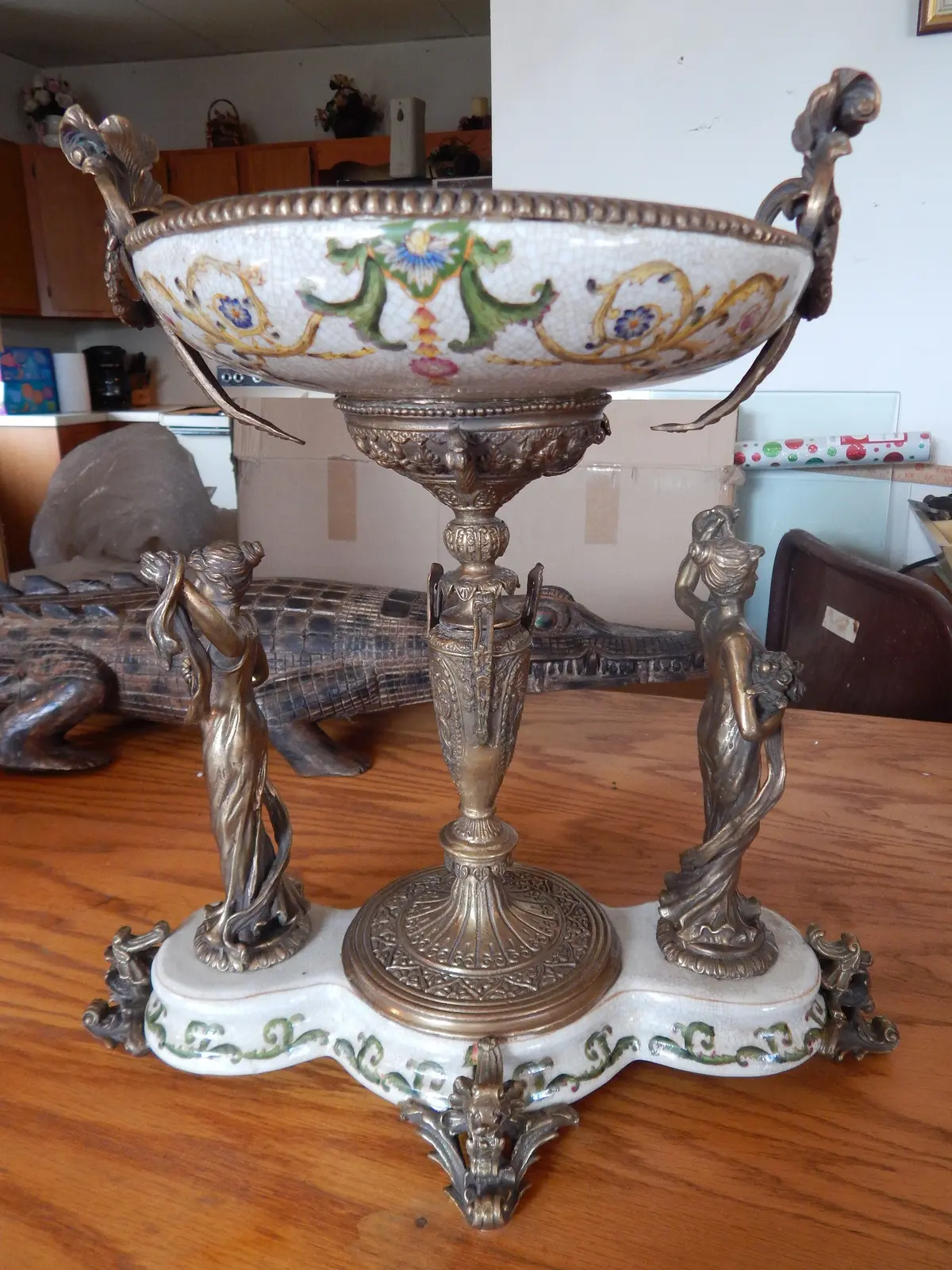 Sevres Porcelain - Green Bowl French W/ Gilt Bronze Ormolu Ladies 1