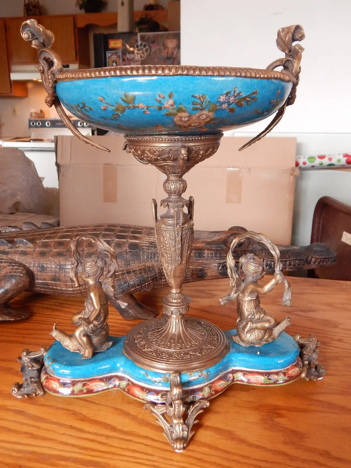 Sevres Porcelain - Blue Bowl French W/ Gilt Bronze Ormolu Cherub On Snail 1