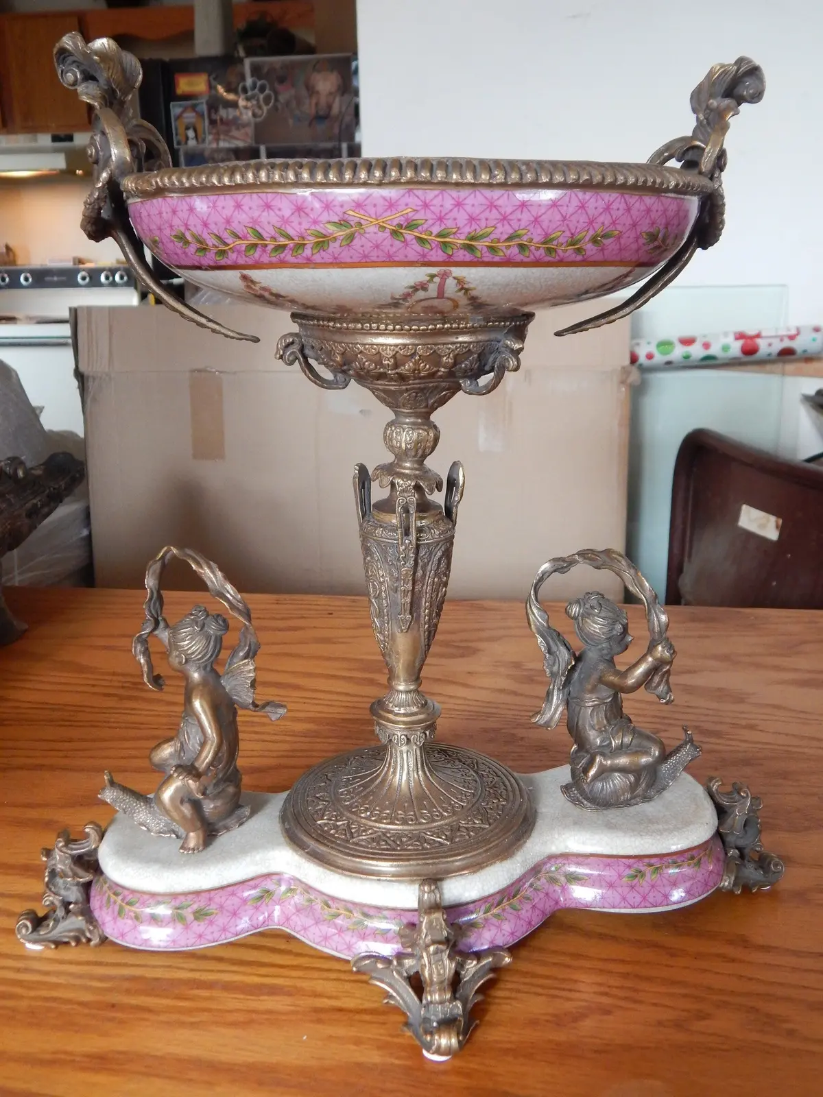 Sevres Porcelain - Pink Bowl French W/ Gilt Bronze Ormolu Cherub On Snail 1