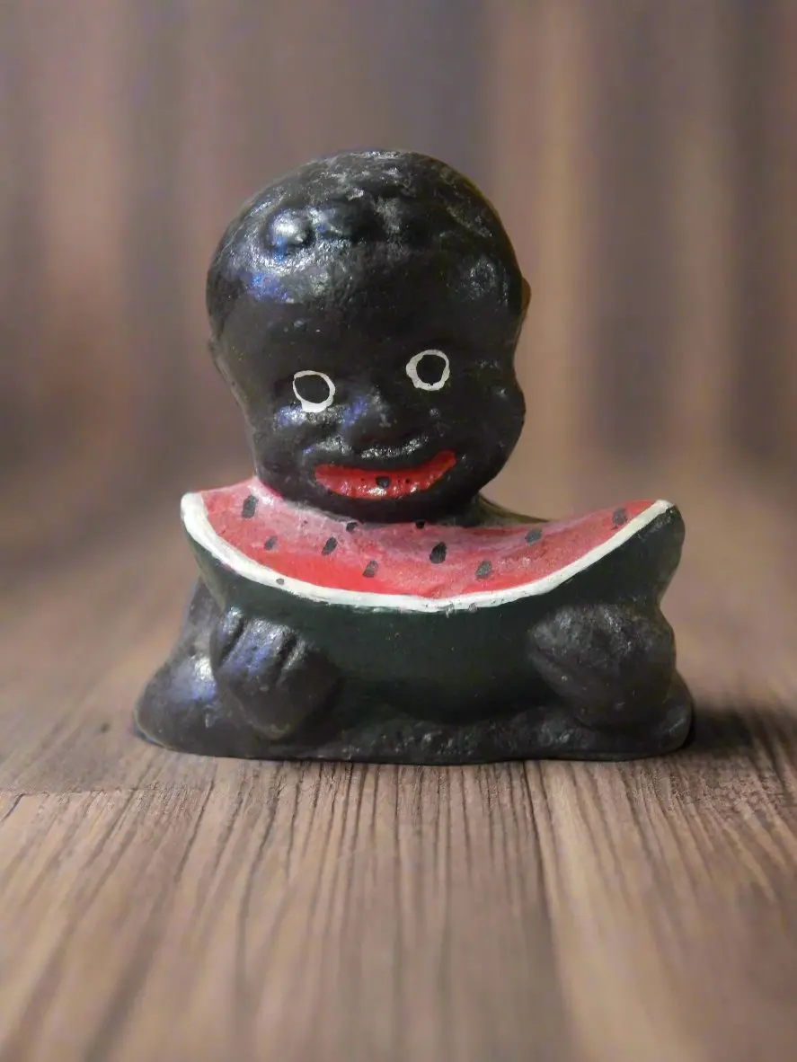 Americana Cast Iron Bank - Americana Boy's Head Eating Watermelon Paper Weight 1