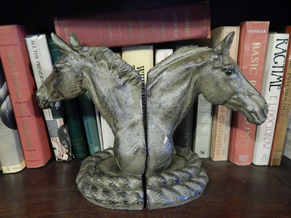 Bookends -Cast Iron Pair Verde Green Horse Head 1
