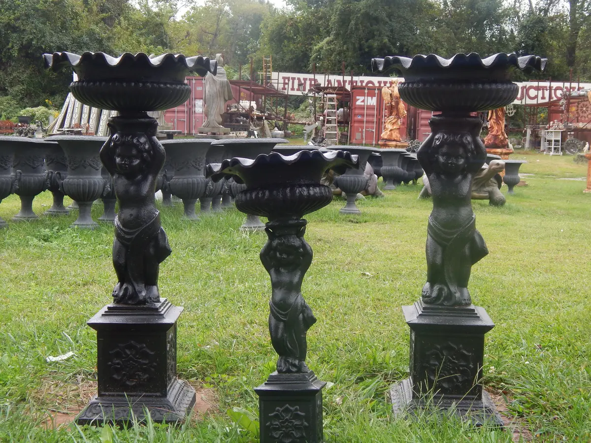 Urns Cast Iron - Pair Tall Black Cherub 1