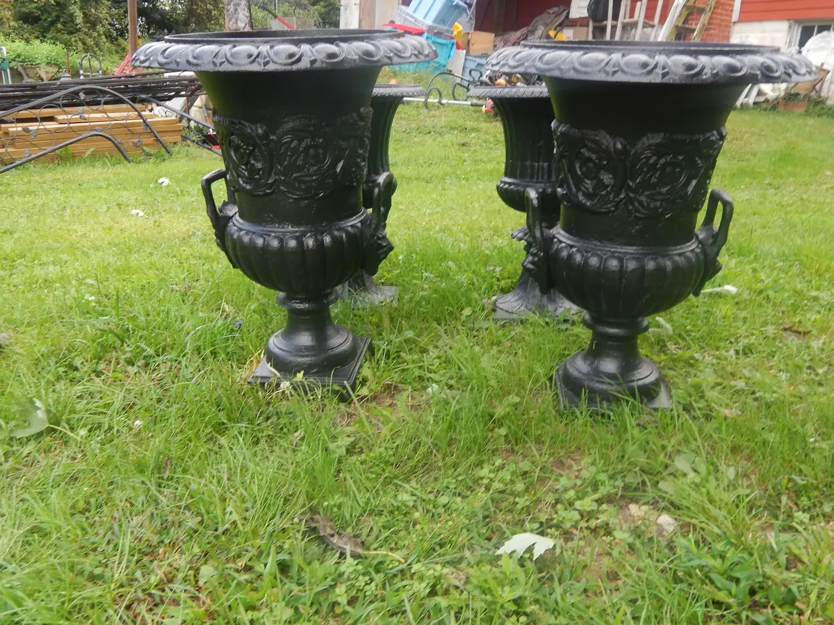 Urns Cast Iron -Pair Tall Black Lion Handle 1
