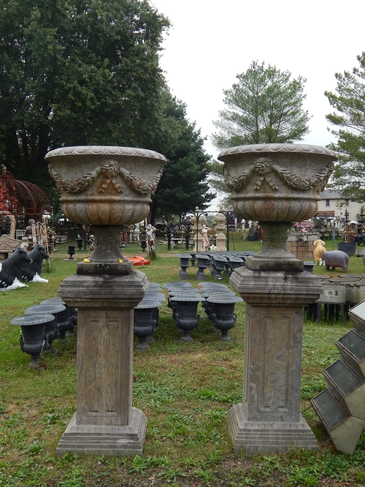 Stoned Planter- Pair Hand Carved Drive Way Pediment Urn 1