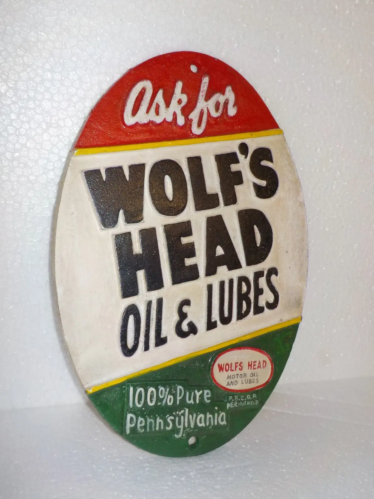 Cast Iron Sign - Automotive "Wolf's Head Oil&Lube 100% Pennsylvania Motor Oil" 1