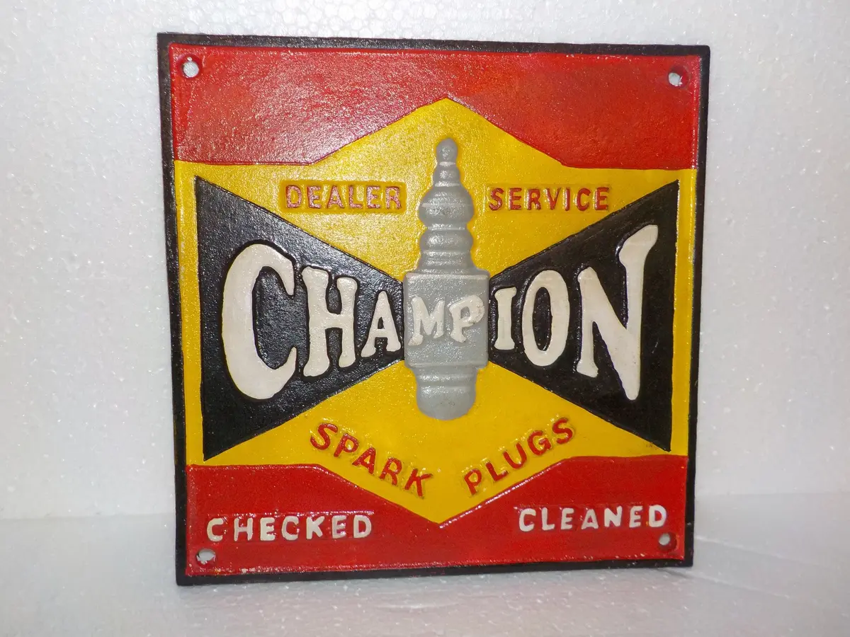 Cast Iron Sign - "Champion Spark Plugs Checked Cleaned" 1