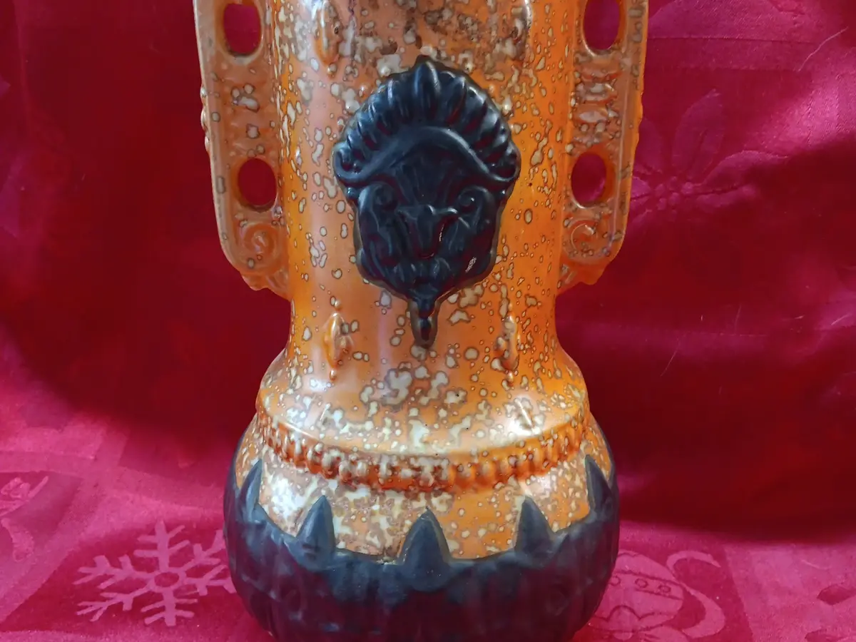 Czech Alienware 2 Handled Vase In Black & Orange Art Deco Art Pottery 1