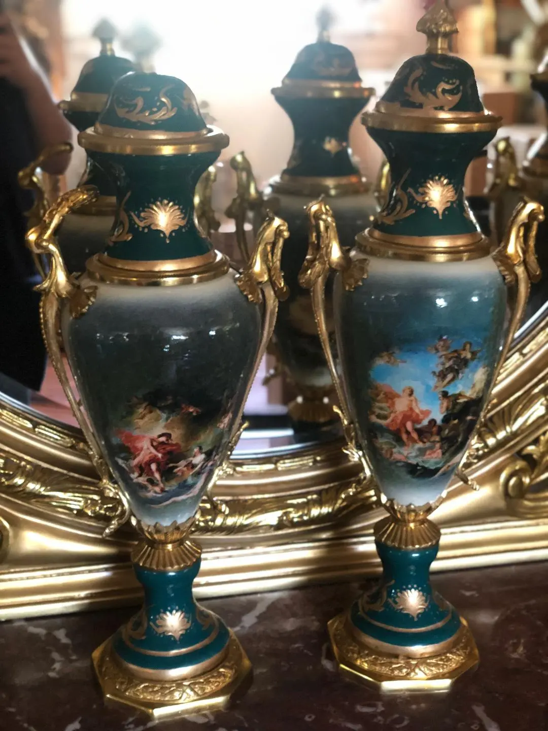 Green French Sevres Porcelain And Bronze Urns 1