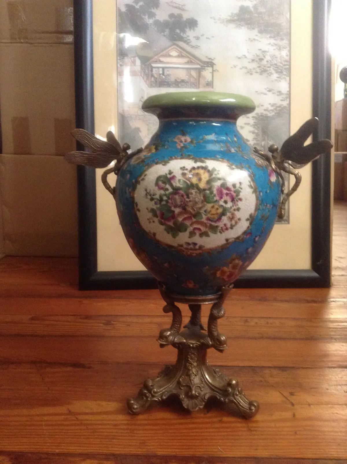 Sevres Porcelain - Blue Vase French W/ Gilt Bronze Ormolu Dragonfly Handles 1