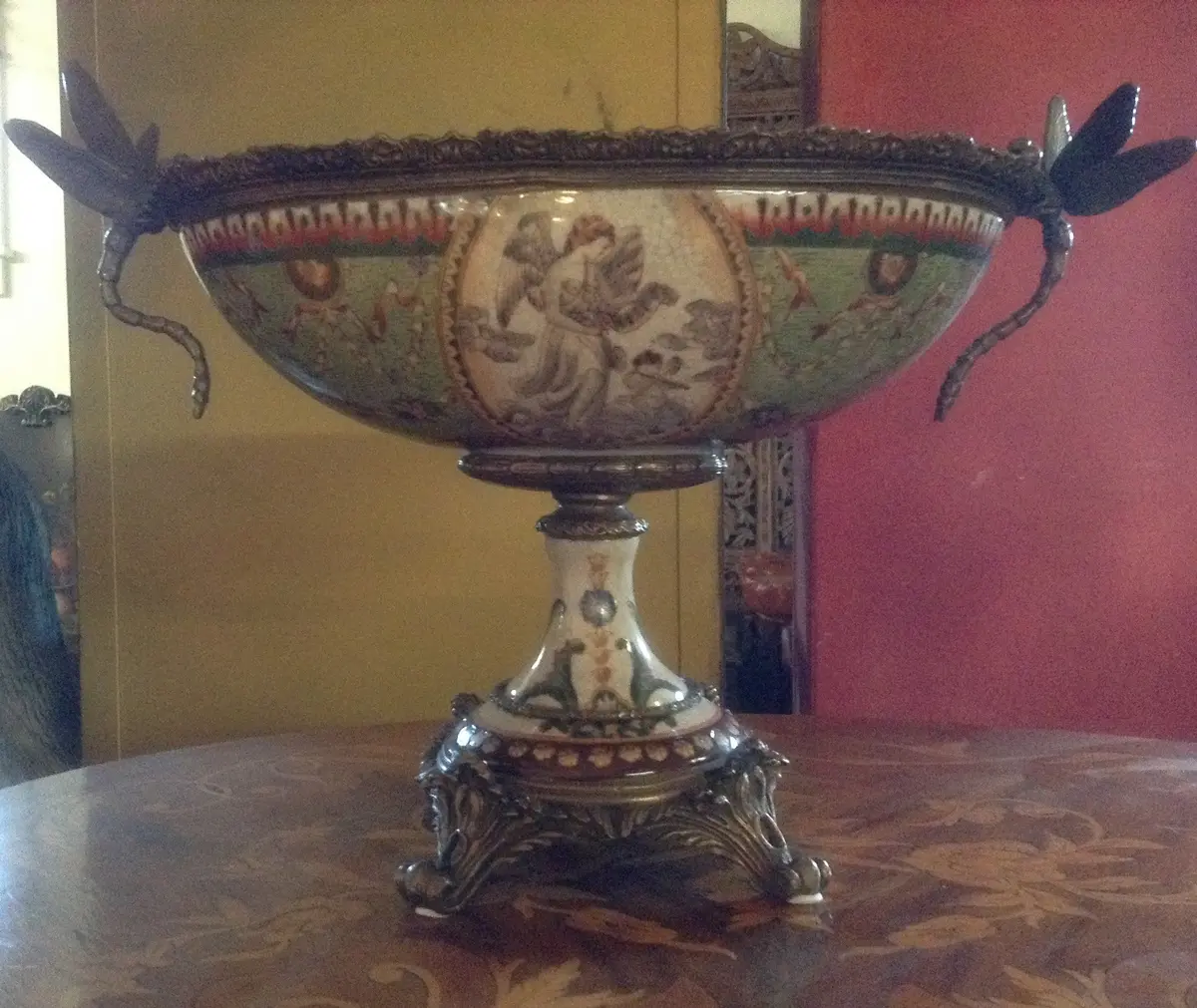 Sevres Porcelain - Green French Style Bowl W/ Gilt Bronze Dragonfly Handle 1