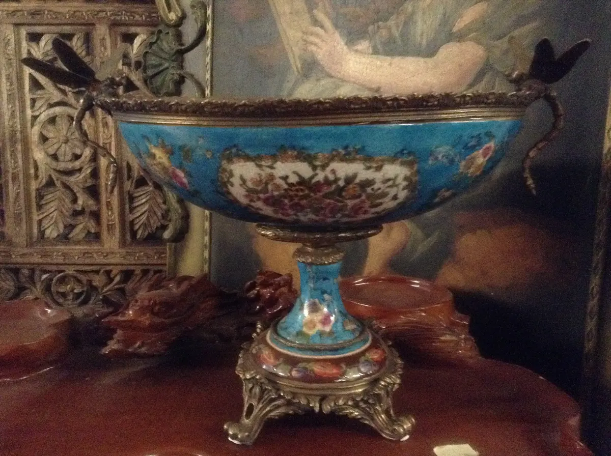 Sevres Porcelain - Blue French Style Bowl W/ Gilt Bronze Dragonfly Handle 1