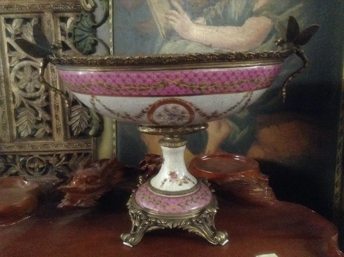Sevres Porcelain - Pink French Style Bowl W/ Gilt Bronze Dragonfly Handle 1