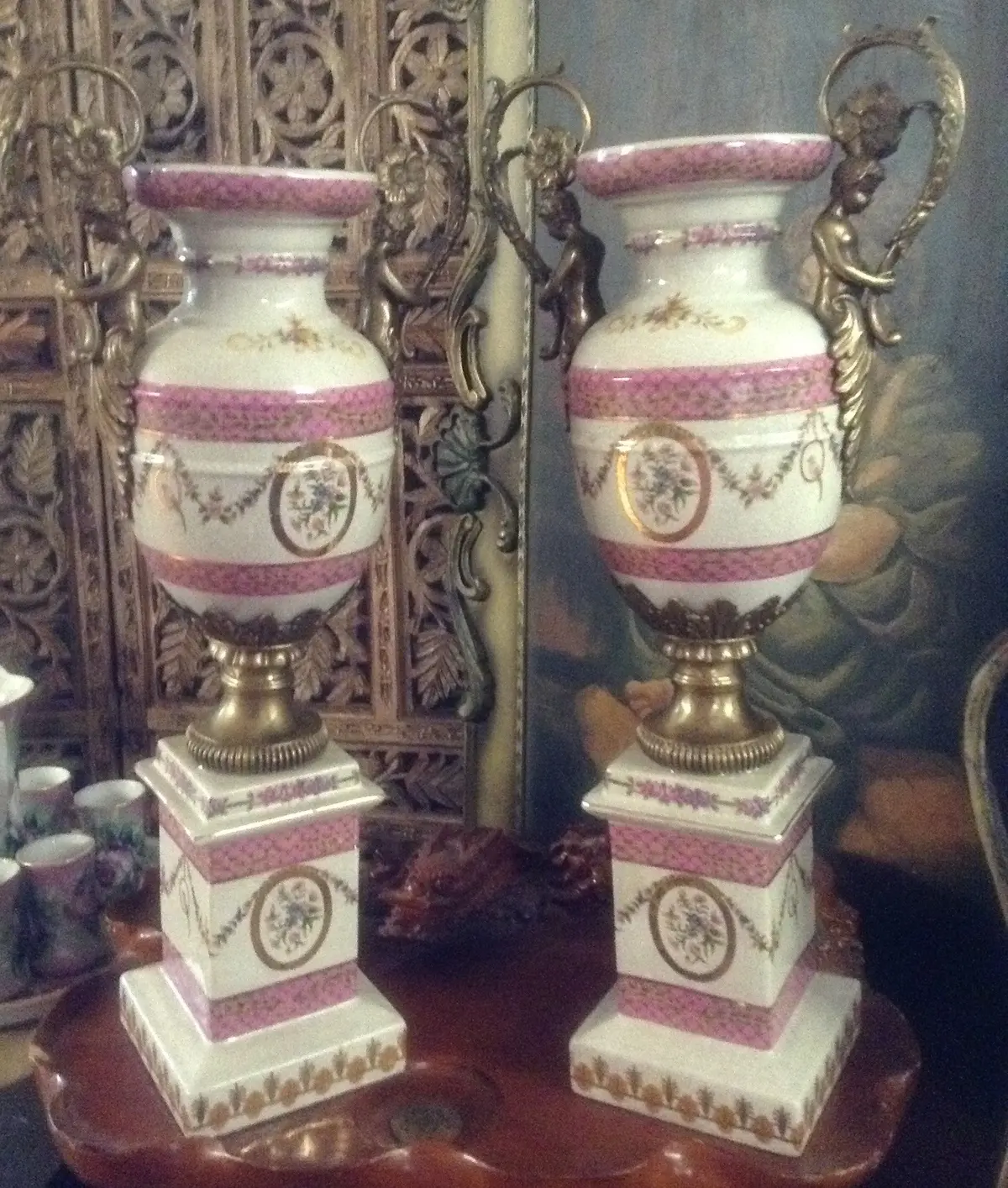 Sevres Porcelain - Pink Pair French Urn Style Vase W/ Gilded Cherub 1