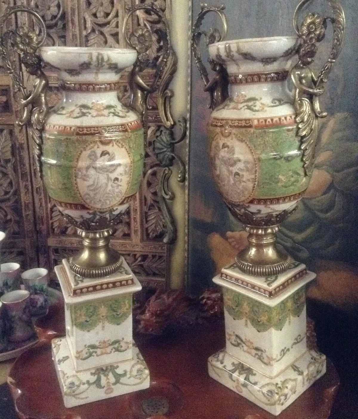 Sevres Porcelain - Green Pair French Urn Style Vase W/ Gilded Cherub 1