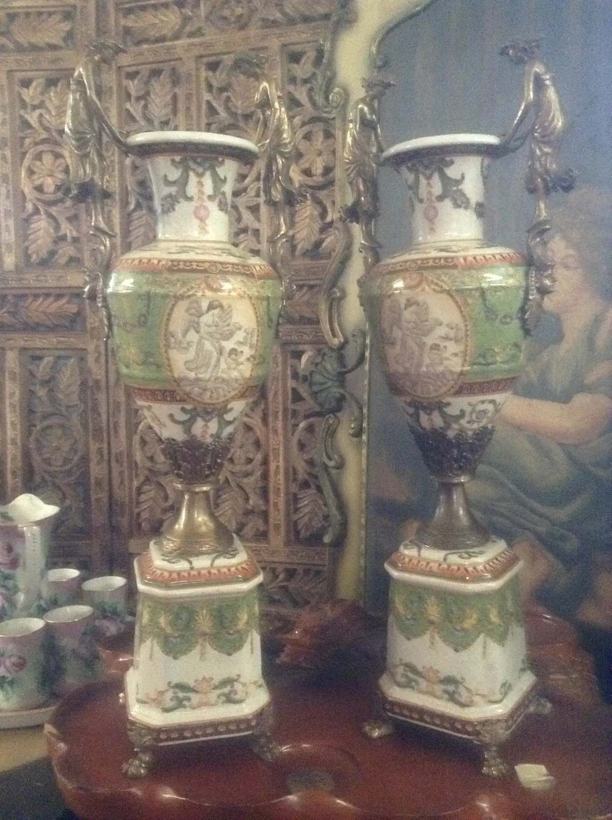 Sevres Porcelain - Green Pair French Urn Style Vase W/ Gilded Ormolu Lady 1