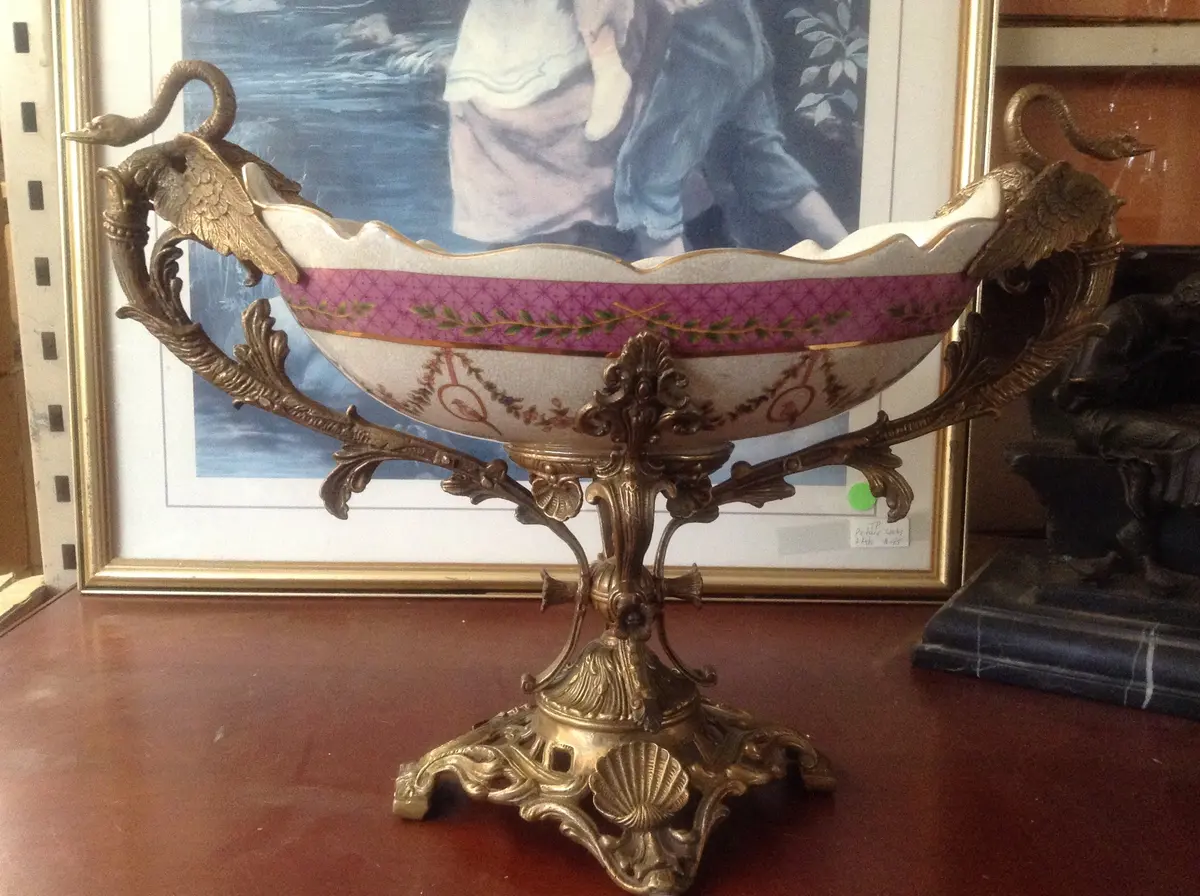 Sevres Porcelain - Pink French Style Bowl W/ Gilt Bronze Swan Handle 1