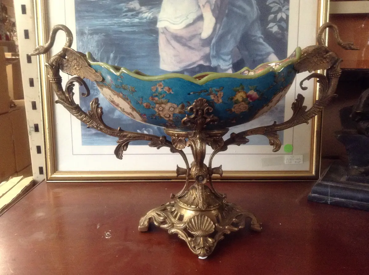 Sevres Porcelain - Blue French Style Bowl W/ Gilt Bronze Swan Handle 1