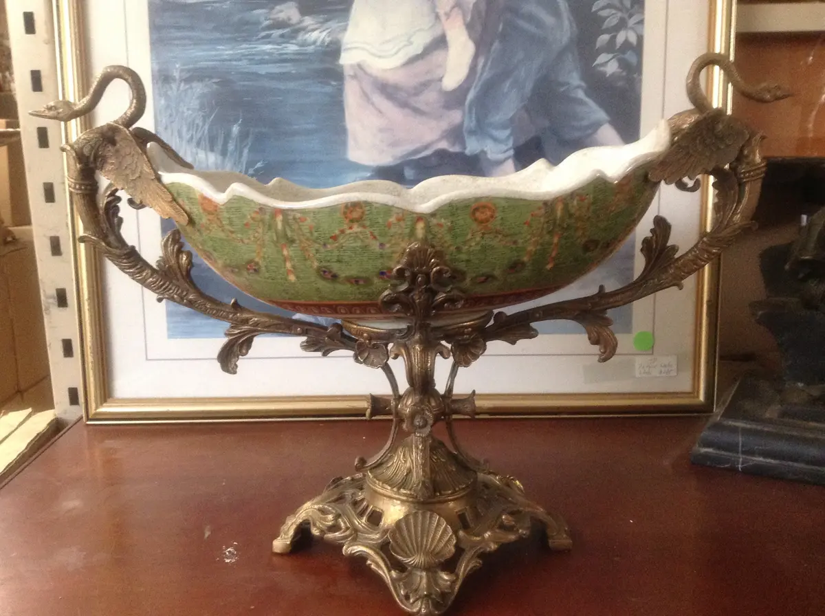 Sevres Porcelain - Green French Style Bowl W/ Gilt Bronze Swan Handle 1