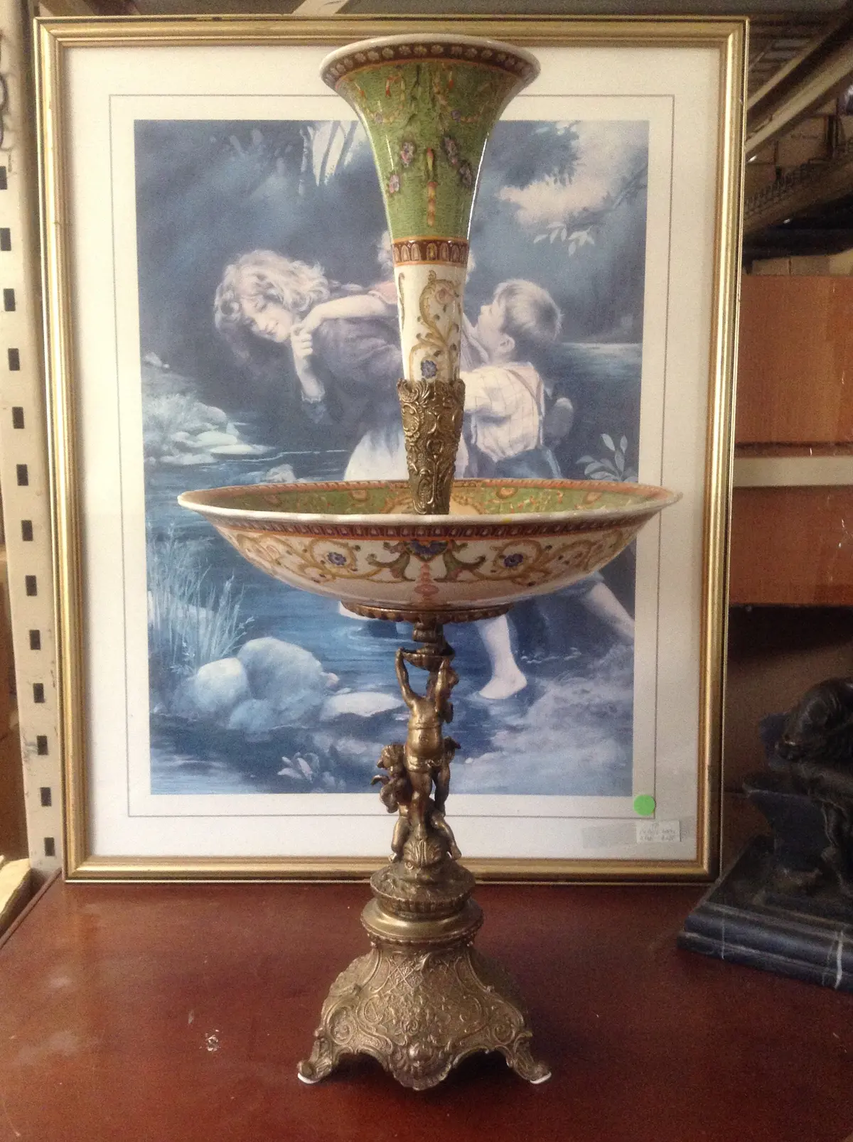 Sevres Porcelain - Green French Style Fountain Dish W/ Gilt Bronze Cherub 1