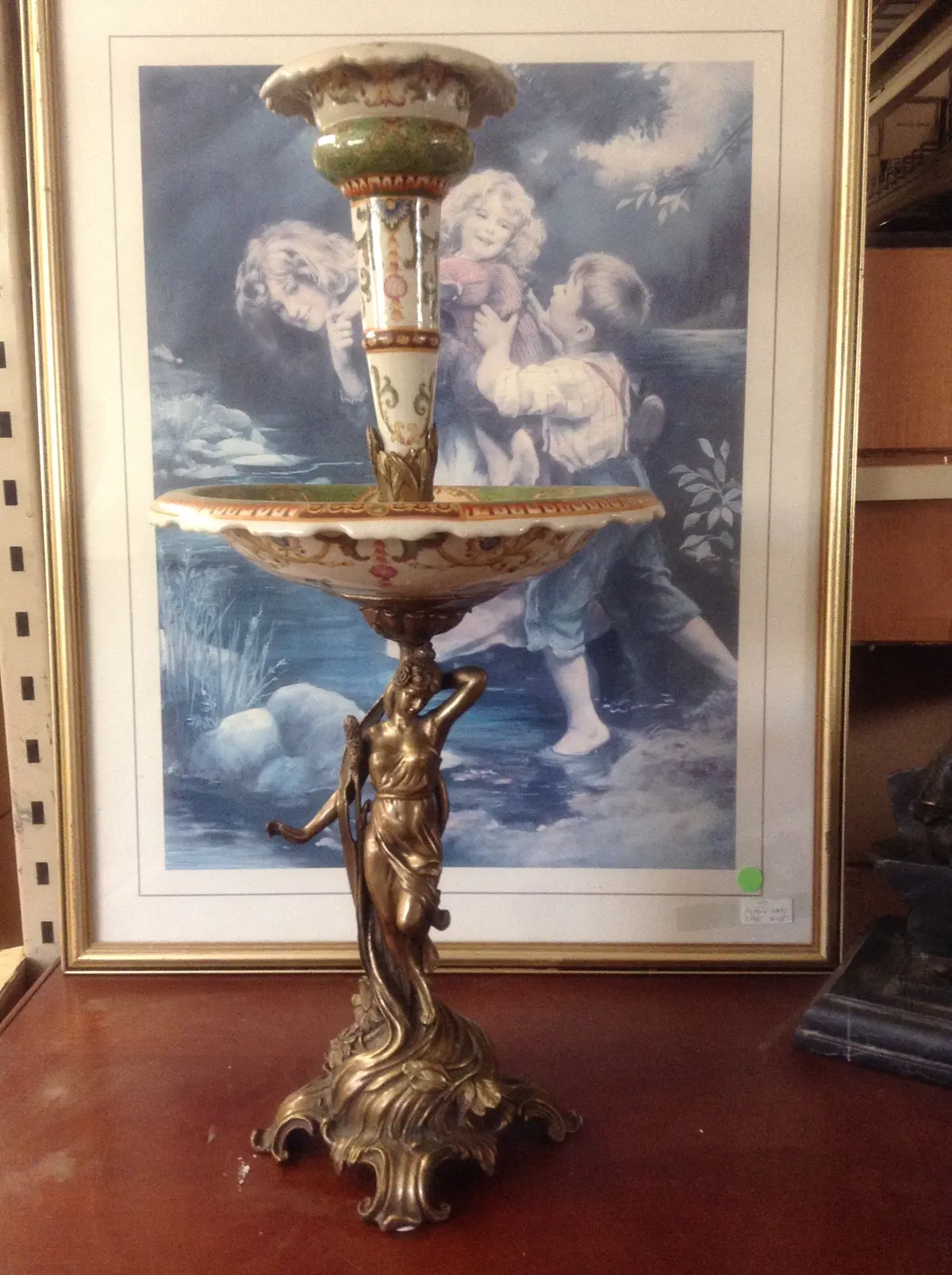 Sevres Porcelain - Green French Style Fountain Dish W/ Gilt Bronze Ormolu Lady 1