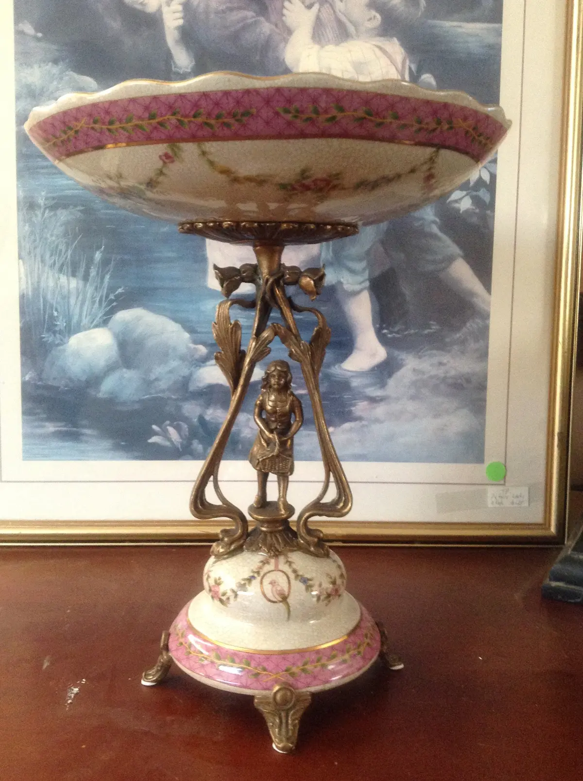 Sevres Porcelain - Pink French Style Dish W/ Gilt Bronze Lady With Basket 1