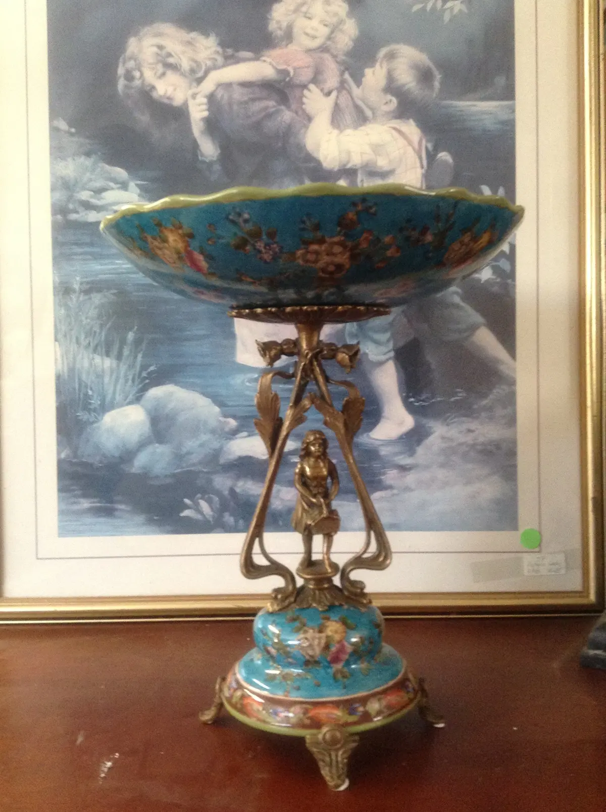 Sevres Porcelain - Blue French Style Dish W/ Gilt Bronze Lady With Basket 1