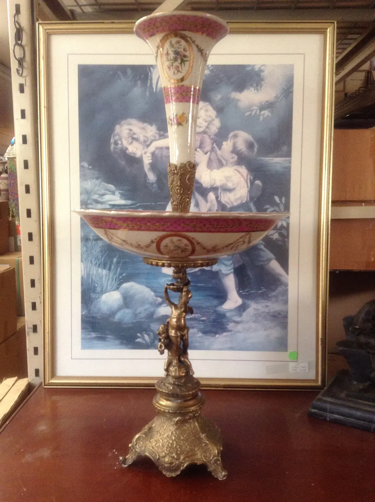 Sevres Porcelain - Pink French Style Fountain Dish W/ Gilt Bronze Cherub 1