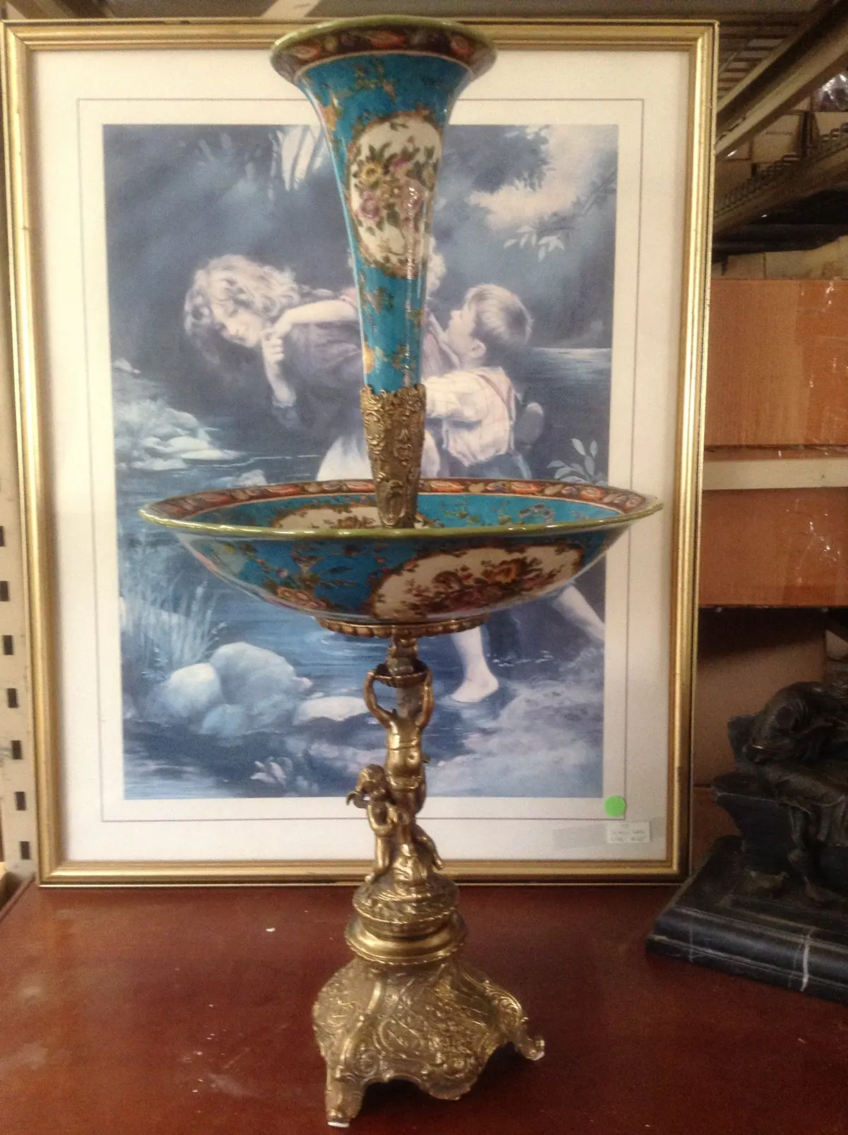 Sevres Porcelain - Blue French Style Fountain Dish W/ Gilt Bronze Cherub 1