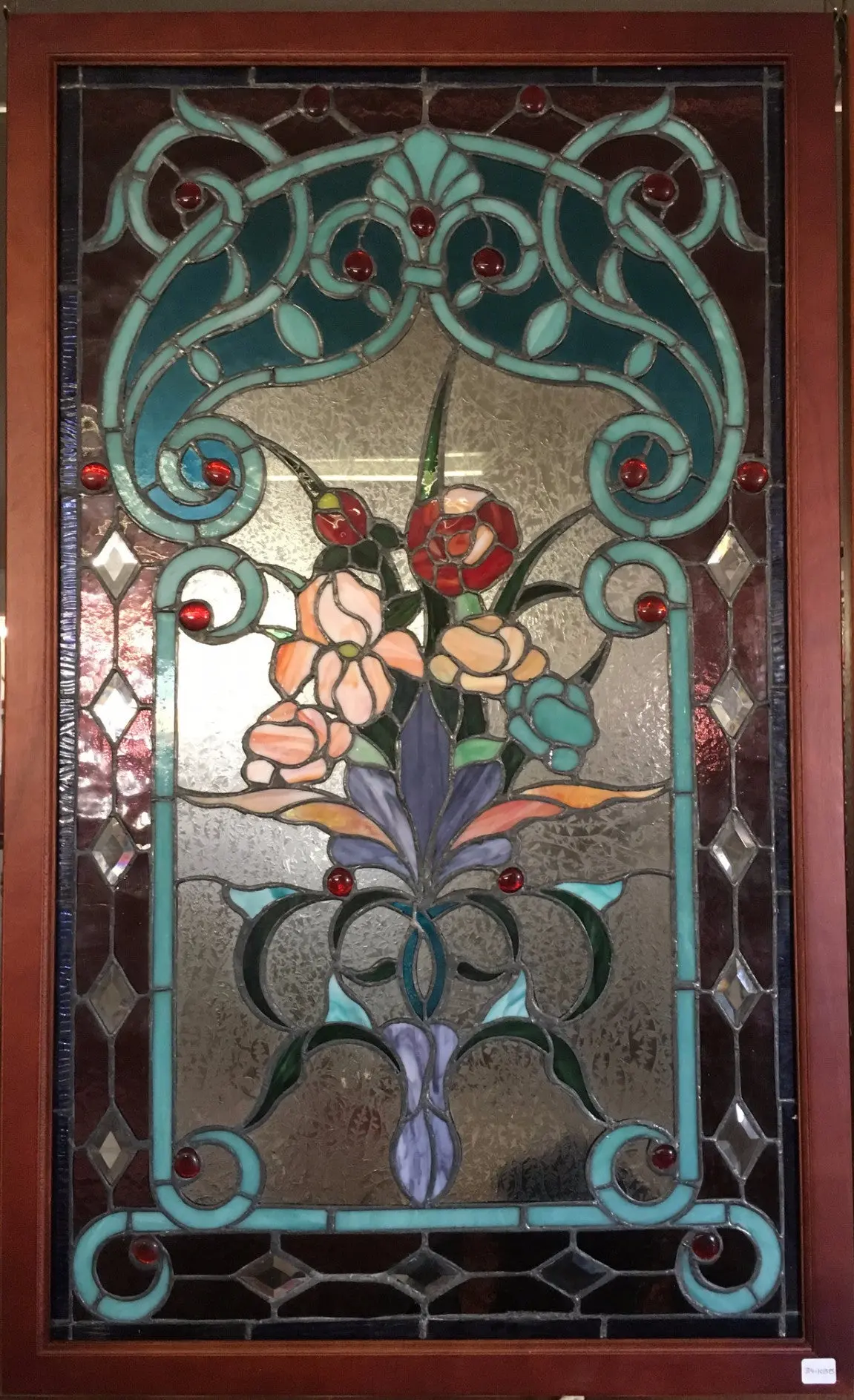 Glass Window - Stained Leaded Wood Frame Red Rose And Flowers In Purple Vase 1