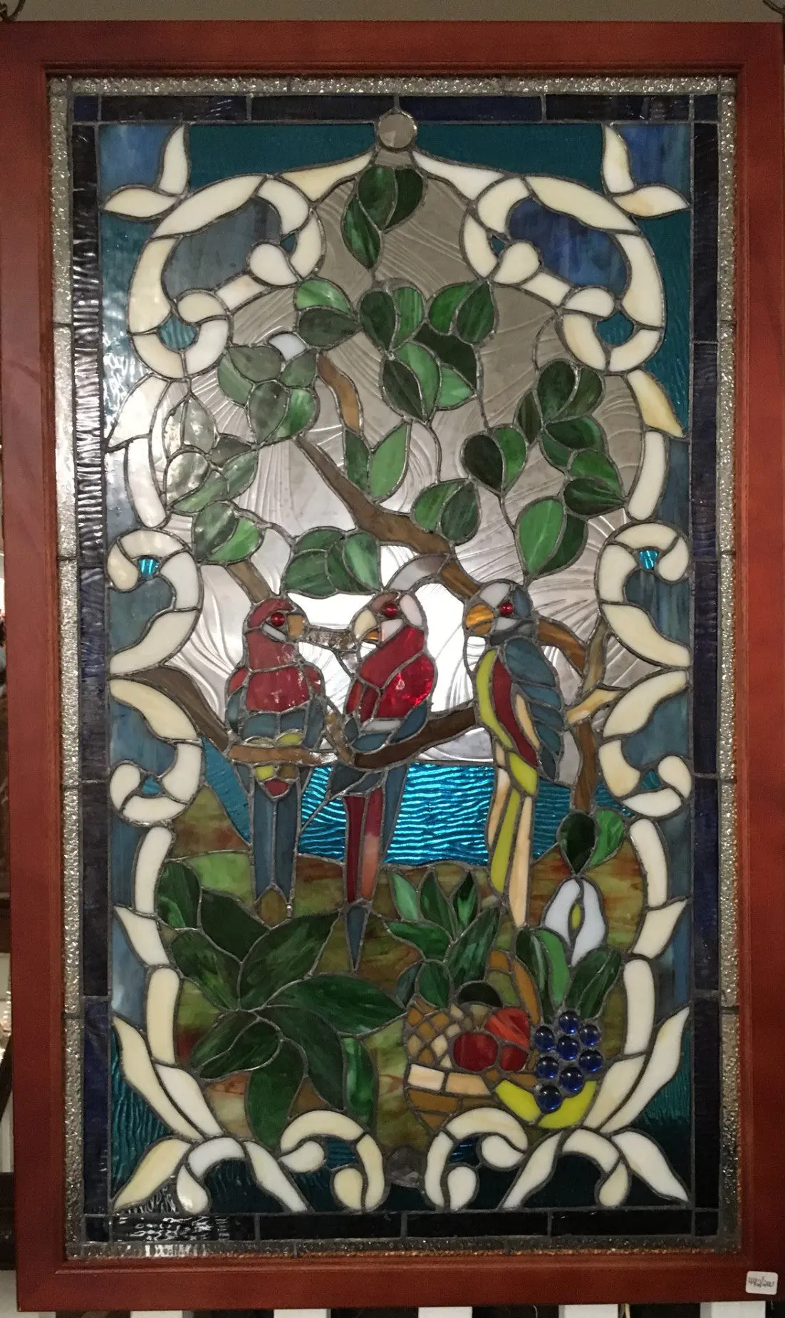 Glass Window - Stained Leaded Wood Frame 3 Parrots On Tree 1