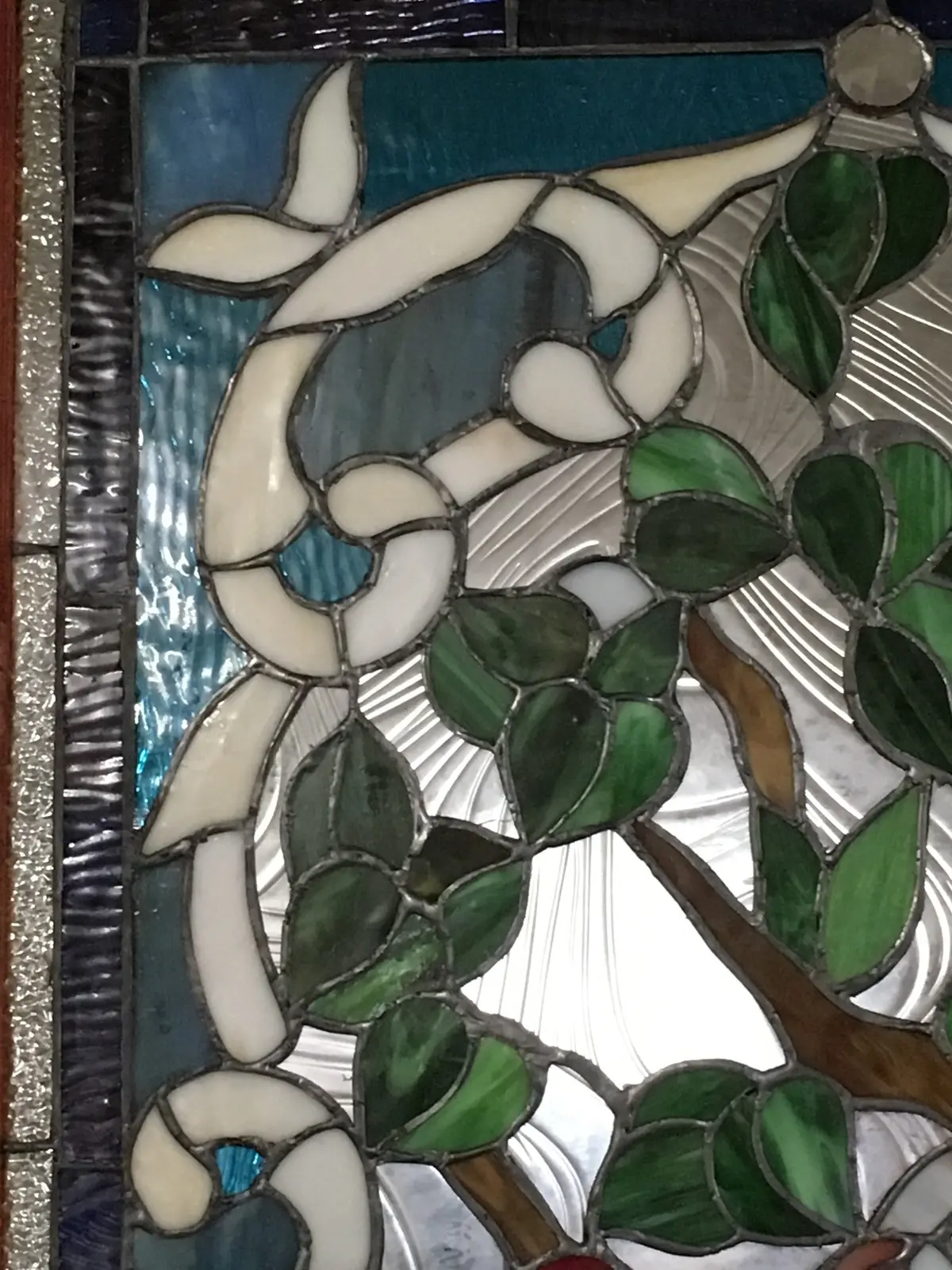 Glass Window - Stained Leaded Wood Frame 3 Parrots On Tree 2