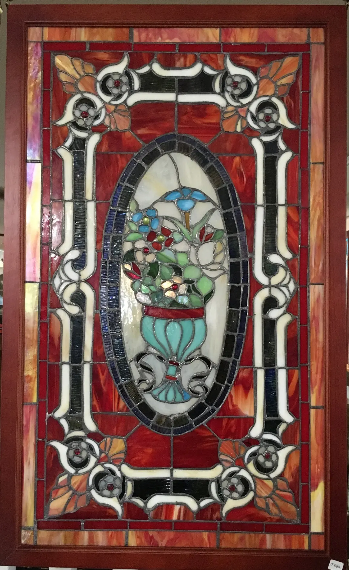 Glass Window - Stained Leaded Wood Frame Urn W/Flowers And Red Border Design 1