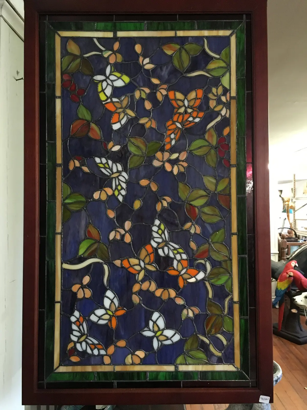 Glass Window - Stained Leaded Wood Frame Purple Background W/Butterflies 1